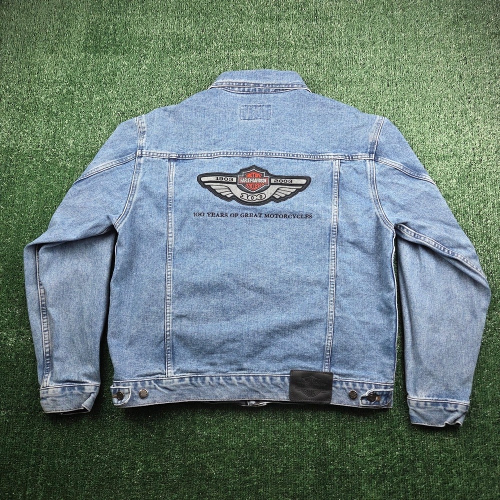Harley Davidson 100th Anniversary Denim Jacket Mens XL Blue Trucker 1903-2003